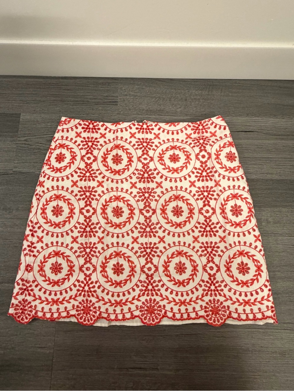 LOFT Red and White Embroidered Scalloped Mini Skirt